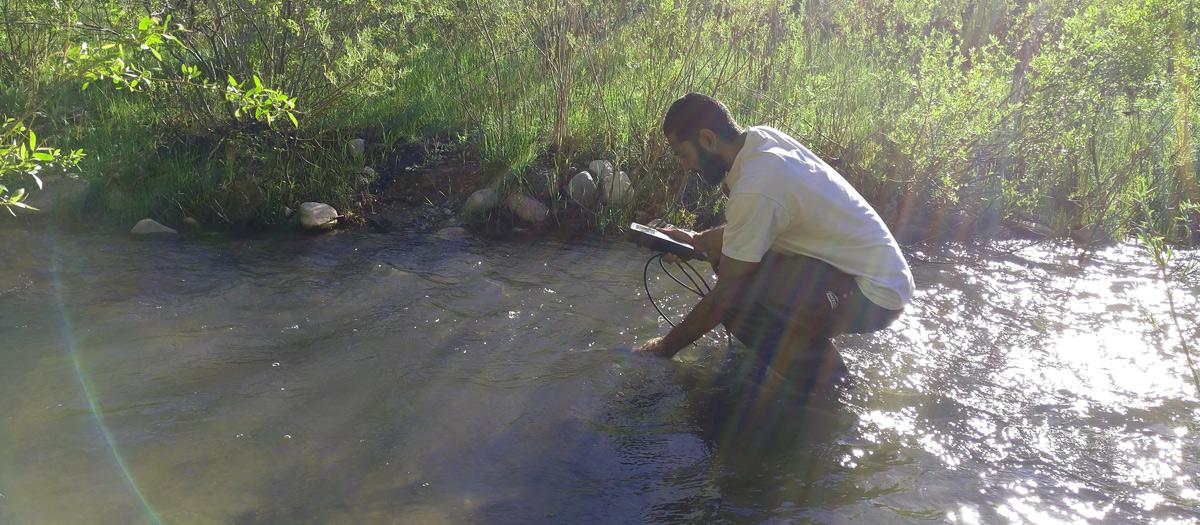 一位科学家在波卡特洛的水貂溪取样
